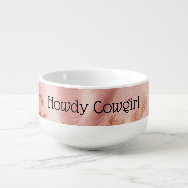 Girly Blush Pink Cream Brown Cowhide Soup Mug (Front)