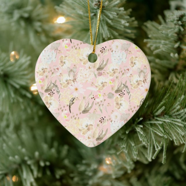 Girly Blush Pink Cream White Floral Ceramic Ornament (Tree)