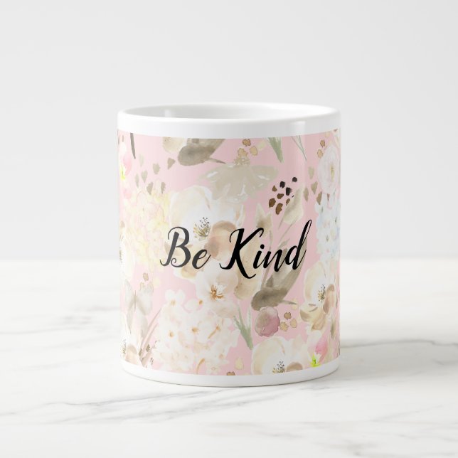 Girly Blush Pink Cream White Floral Giant Coffee Mug (Front)
