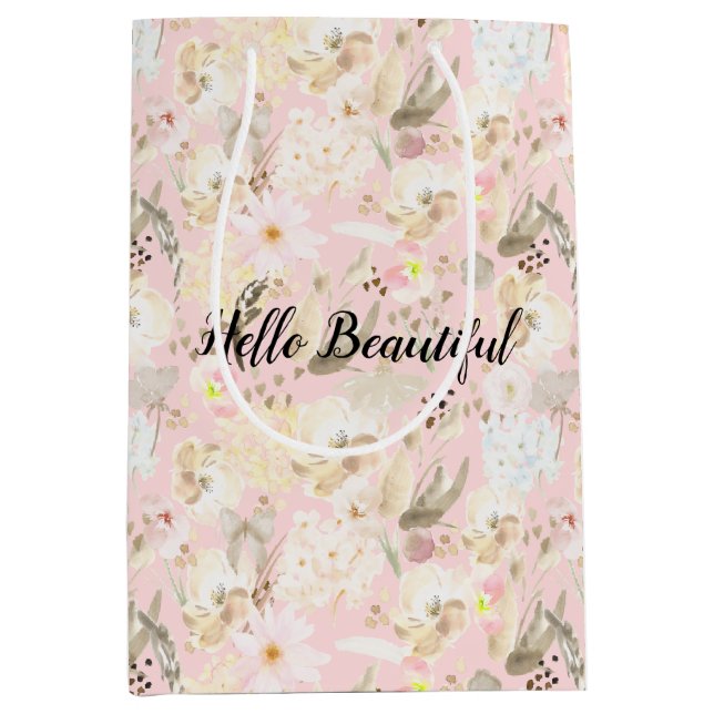 Girly Blush Pink Cream White Floral Medium Gift Bag (Front)