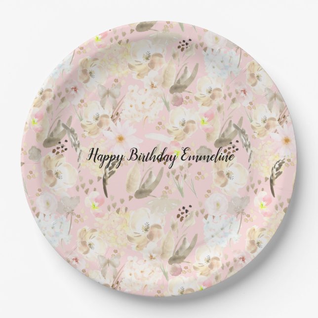 Girly Blush Pink Cream White Floral Paper Plates (Front)