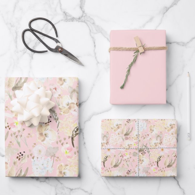 Girly Blush Pink Cream White Floral Wrapping Paper Sheets (Front)