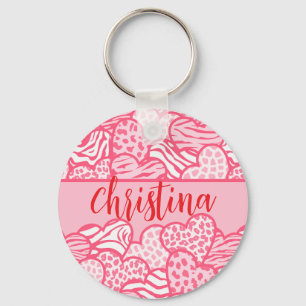 Girly Blush Pink Cute Animal Print Hearts Name Keychain