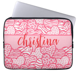 Girly Blush Pink Cute Animal Print Hearts Name Laptop Sleeve