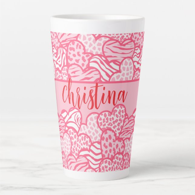 Girly Blush Pink Cute Animal Print Hearts Name  Latte Mug (Front)
