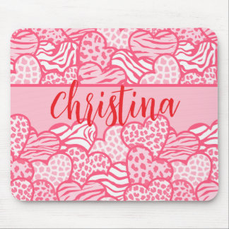 Girly Blush Pink Cute Animal Print Hearts Name Mouse Pad