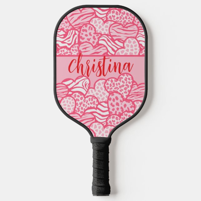 Girly Blush Pink Cute Animal Print Hearts Name  Pickleball Paddle (Front)