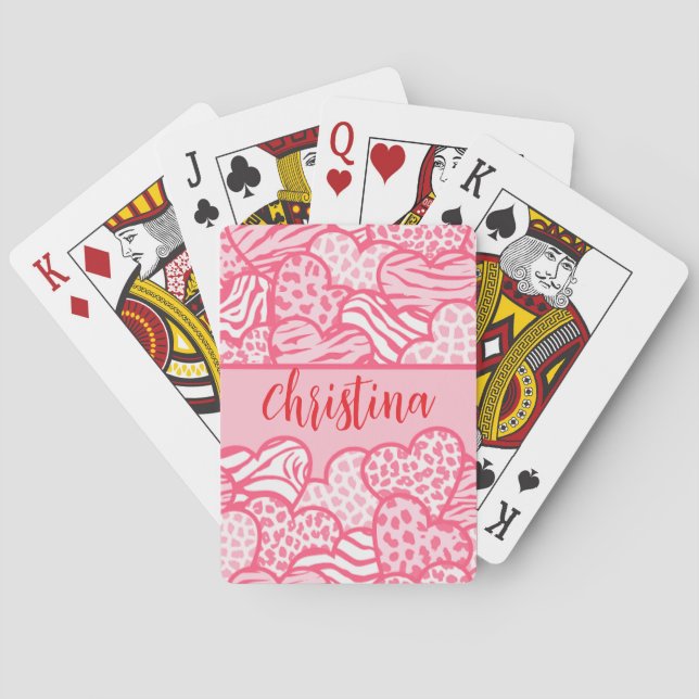 Girly Blush Pink Cute Animal Print Hearts Name  Poker Cards (Back)