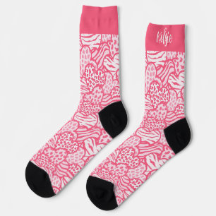 Girly Blush Pink Cute Animal Print Hearts Name Socks