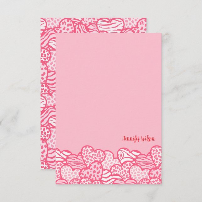 Girly Blush Pink Cute Animal Print Hearts Name Thank You Card (Front/Back)