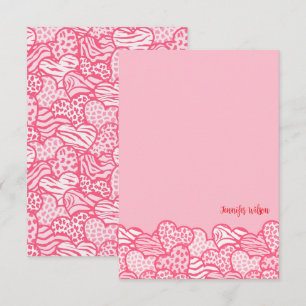 Girly Blush Pink Cute Animal Print Hearts Name Thank You Card