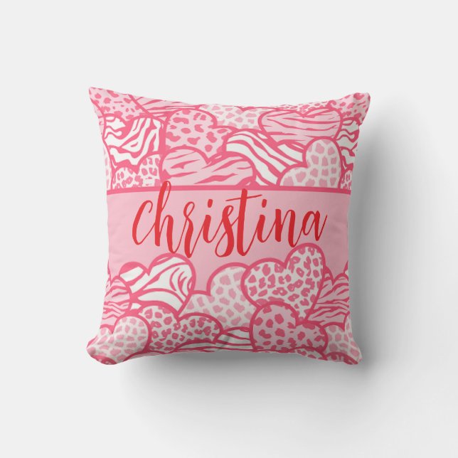 Girly Blush Pink Cute Animal Print Hearts Name  Throw Pillow (Front)