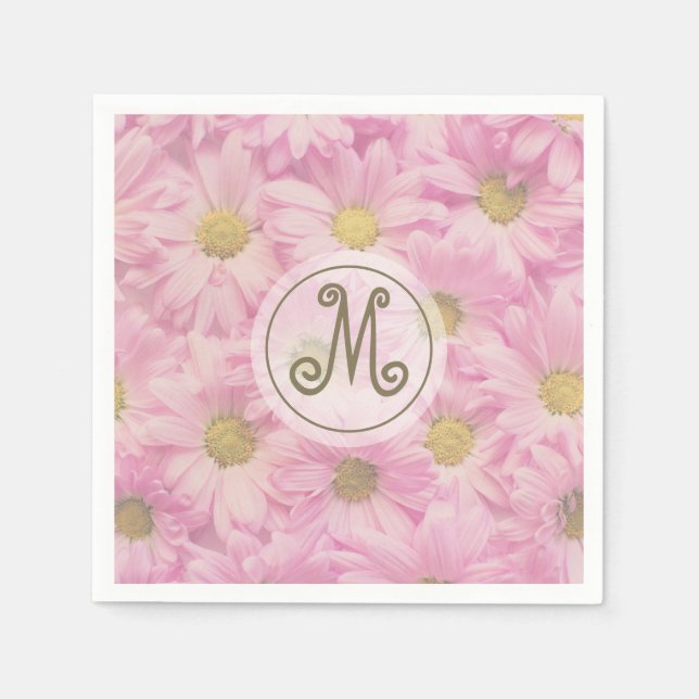 Girly Blush Pink Daisies Cute Custom Gold Monogram Napkins (Front)