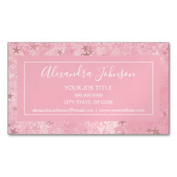Girly Blush Pink Damask and Stars Pattern Business Card Magnet