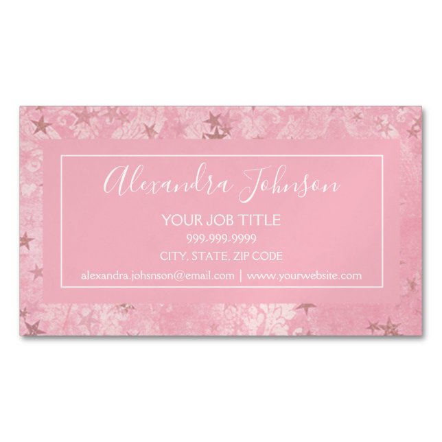 Girly Blush Pink Damask and Stars Pattern Business Card Magnet (Front)