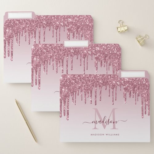 Girly Blush Pink Dripping Glitter Monogram Script File Folder