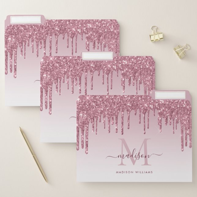 Girly Blush Pink Dripping Glitter Monogram Script File Folder (Set)
