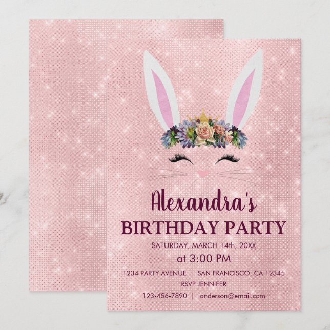 Girly Blush Pink Easter Bunny Birthday Party Invitation (Front/Back)