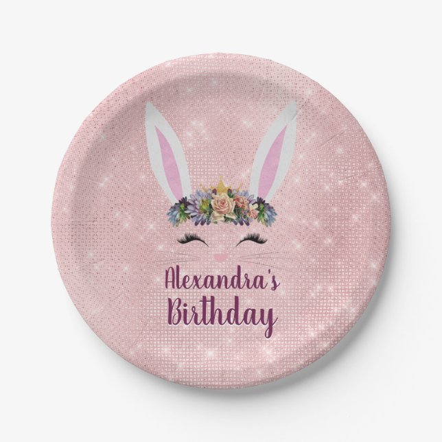 Girly Blush Pink Easter Bunny Birthday Party Paper Plates (Front)