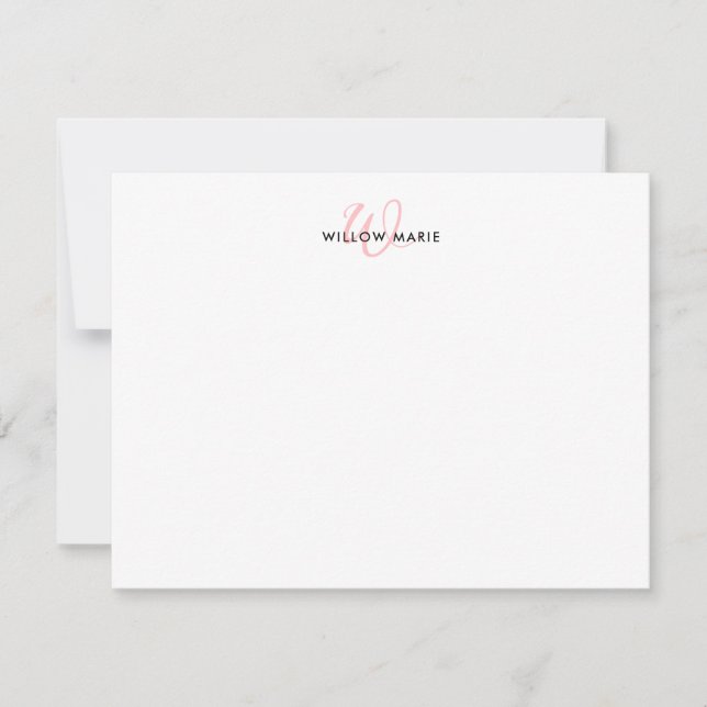 Girly Blush Pink Elegant Script Monogram Note Card (Front)