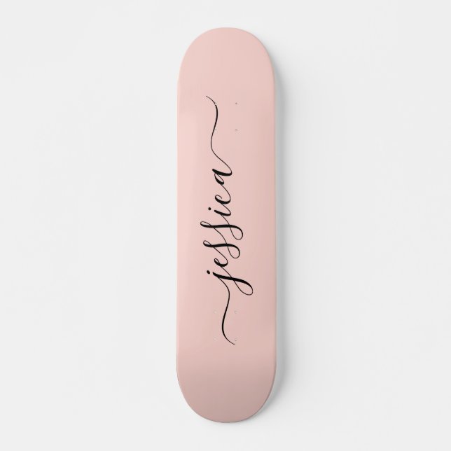 Girly blush pink elegant script name skateboard (Front)