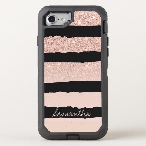 Girly blush pink faux rose gold stripes OtterBox defender iPhone SE87 case