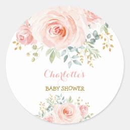 Girly Blush Pink Floral Baby Shower Favor Classic Round Sticker
