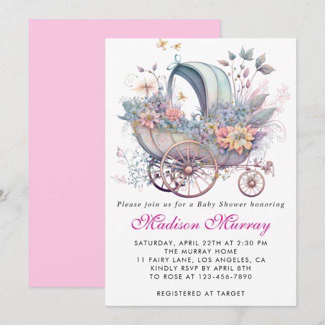 Girly Blush Pink Floral Buggy Stroller Baby Shower Invitation (Front/Back)