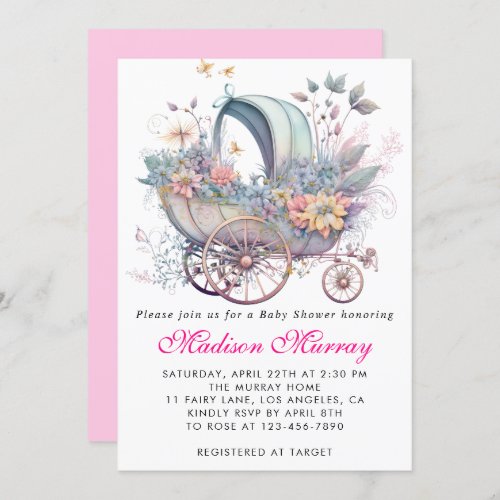 Girly Blush Pink Floral Buggy Stroller Baby Shower Invitation