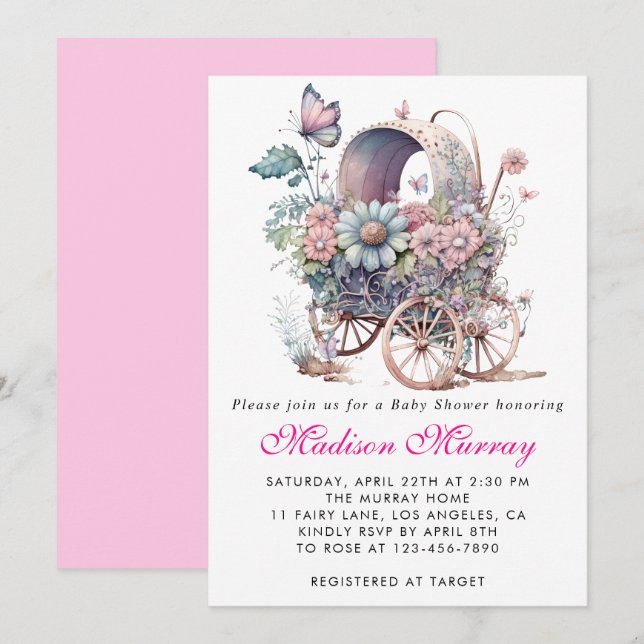 Girly Blush Pink Floral Buggy Stroller Baby Shower Invitation (Front/Back)