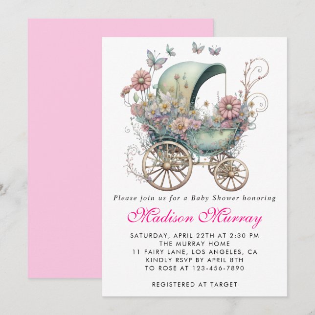 Girly Blush Pink Floral Buggy Stroller Baby Shower Invitation (Front/Back)