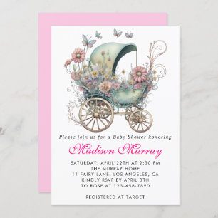 Girly Blush Pink Floral Buggy Stroller Baby Shower Invitation