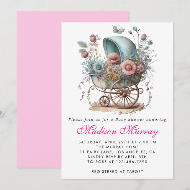 Girly Blush Pink Floral Buggy Stroller Baby Shower Invitation (Front/Back)