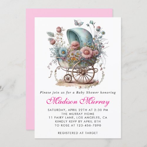 Girly Blush Pink Floral Buggy Stroller Baby Shower Invitation