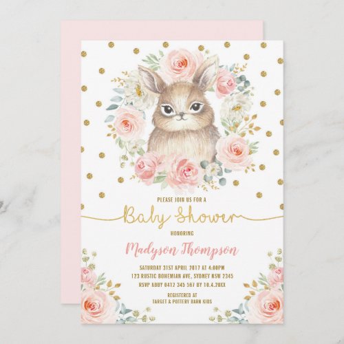 Girly Blush Pink Floral Bunny Rabbit Baby Shower Invitation