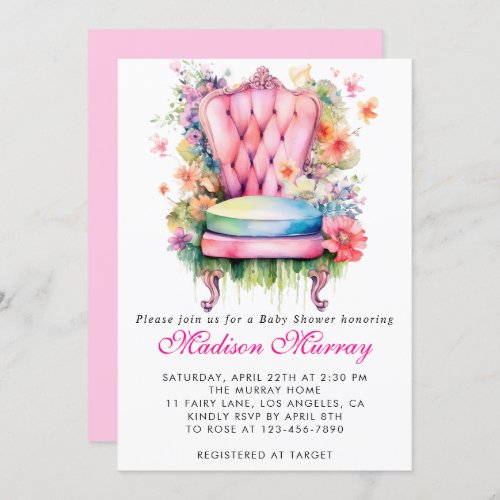 Girly Blush Pink Floral Flower Chair Baby Shower Invitation