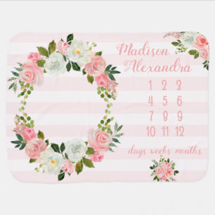 Girly Blush Pink Floral Milestone Baby Blanket