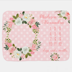 Girly Blush Pink Floral Milestone Baby Blanket
