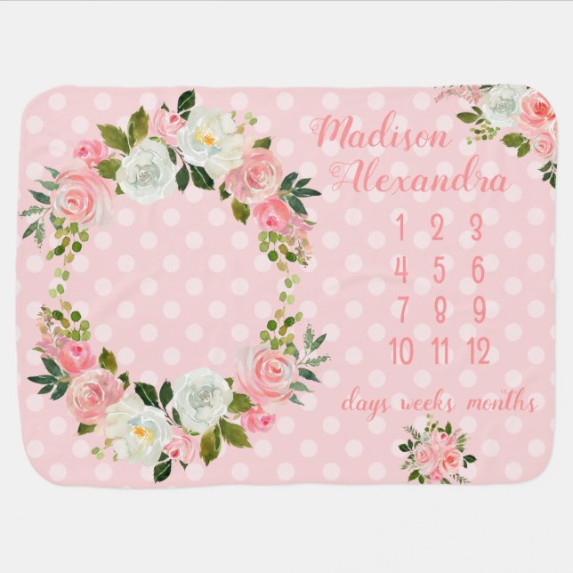 Girly Blush Pink Floral Milestone Baby Blanket (Horizontal)