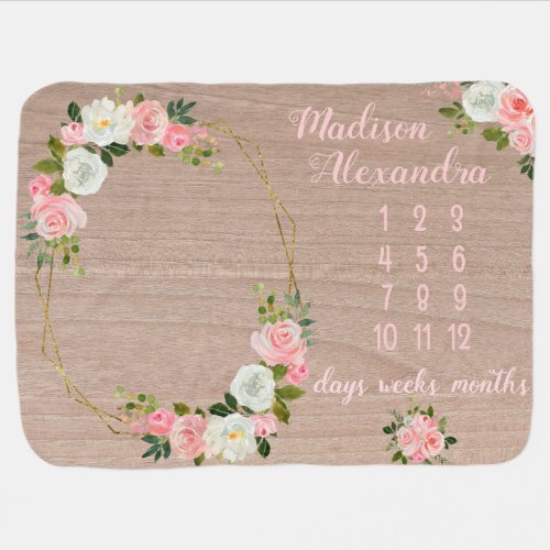 Girly Blush Pink Floral Milestone Baby Blanket