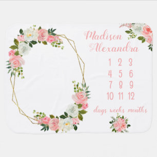 Girly Blush Pink Floral Milestone Baby Blanket