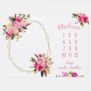 Girly Blush Pink Floral Milestone Baby Blanket