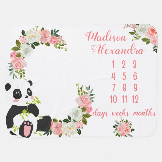 Girly Blush Pink Floral Milestone Baby Blanket (Horizontal)