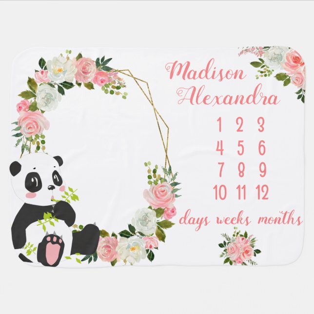 Girly Blush Pink Floral Milestone Baby Blanket (Horizontal)