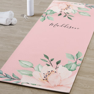 Girly Blush Pink Floral Name Yoga Mat