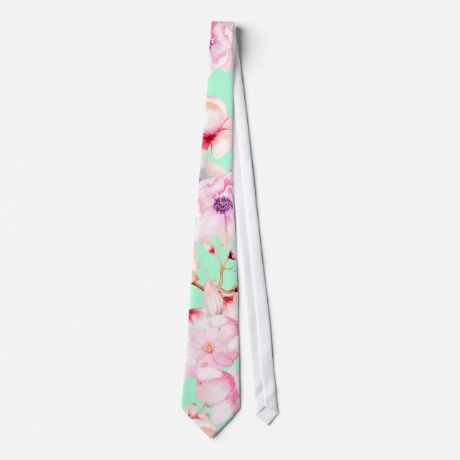 Girly Blush Pink Floral on Mint Green Tie (Front)