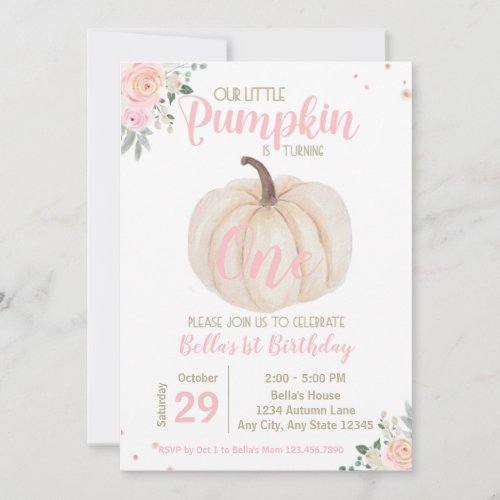 Girly Blush Pink Floral Pumpkin 1st Birthday Invitation