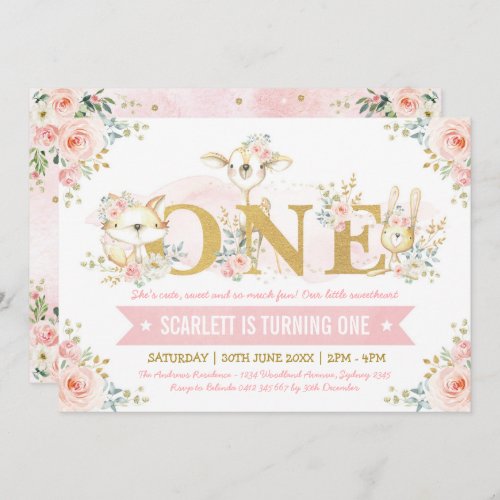 Girly Blush Pink Floral Rose 1st Birthday Party Invitation