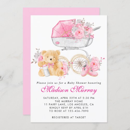 Girly Blush Pink Floral Stroller Pram Baby Shower Invitation