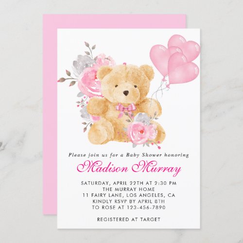 Girly Blush Pink Floral Teddy Bear Baby Shower Invitation